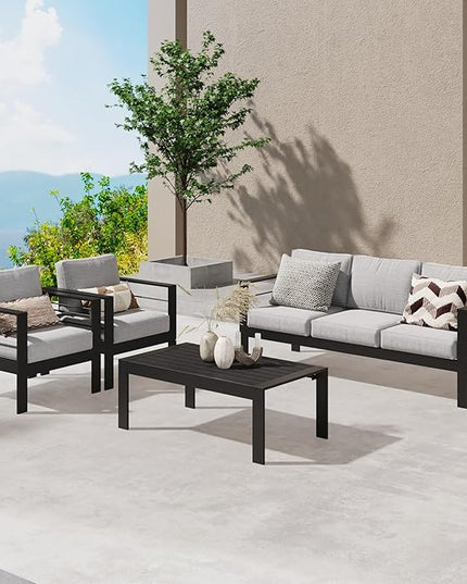 Wisteria Lane Aluminum Outdoor Patio Furniture Set, 4 Pcs Modern Outdoor Conversation Set Sectional Sofa with Upgrade Cushion and Coffee Table for Balcony,Black Frame and Grey Cushion - LeafyLoom