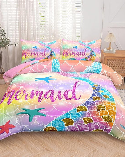 NINENINE Mermaid Comforter 5PCS Full Size Bedding Sets for Girls, Princess Comforter Sets for Girls, Glitter Bedding Set for Girls (1Comforter, 1Flat Sheet, 1Fitted Sheet, 2Pillowcases) - LeafyLoom