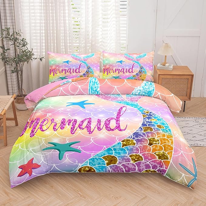NINENINE Mermaid Comforter 5PCS Full Size Bedding Sets for Girls, Princess Comforter Sets for Girls, Glitter Bedding Set for Girls (1Comforter, 1Flat Sheet, 1Fitted Sheet, 2Pillowcases) - LeafyLoom