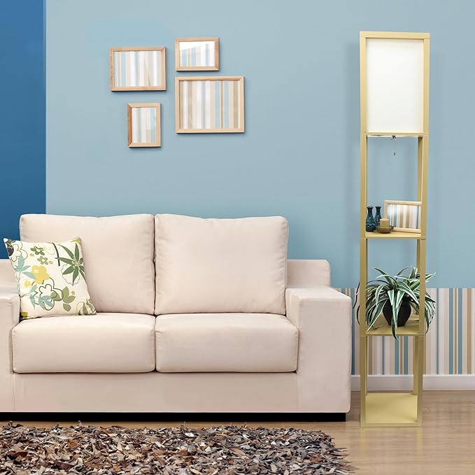 Simple Designs LF1014-TAN-LB Three Shelf Etagere Organizer Storage Floor Lamp with White Linen Shade for Living Room, Bedroom, Office, Hallway, Tan, with Feit LED Bulb Included - LeafyLoom