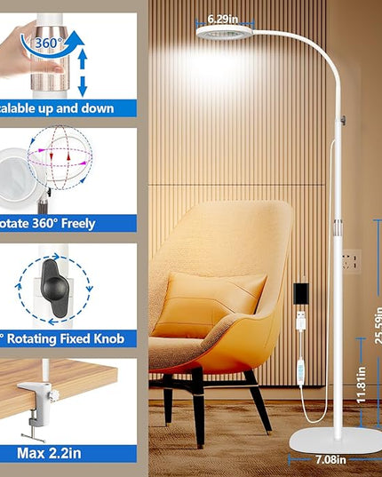 HITTI 10X Magnifying Glass with Light and Clamp, Hands Free Magnifying Floor Lamp with Flexible Gooseneck, 3 Color Stepless Dimmable LED Lighted Magnifier Light Stand for Esthetician Craft Close Works - LeafyLoom