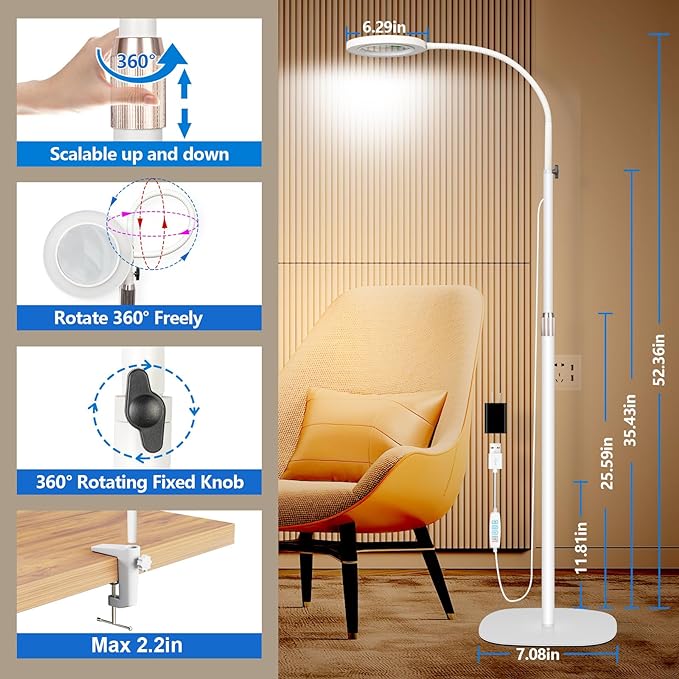 HITTI 10X Magnifying Glass with Light and Clamp, Hands Free Magnifying Floor Lamp with Flexible Gooseneck, 3 Color Stepless Dimmable LED Lighted Magnifier Light Stand for Esthetician Craft Close Works - LeafyLoom