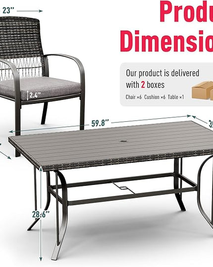 Pamapic Patio Table and Chairs Set, All-Weather Rattan Outdoor Table and Chairs with Removable Waterproof Cushions, Plastic-Wood Patio Dining Set for 6 with Umbrella Hole(Gray) - LeafyLoom
