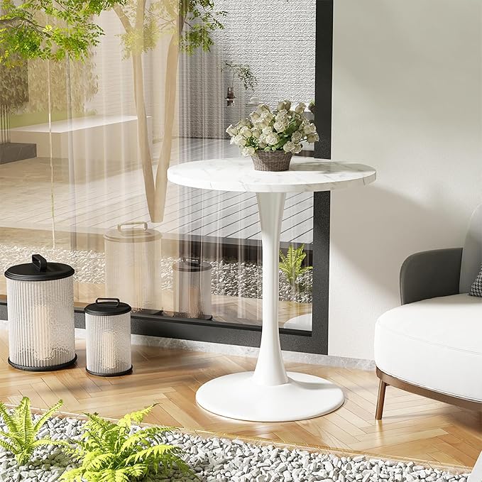 White Marble Round Table Modern Dining Table Marble Texture Tulip Round Kitchen Table Mid Century Coffee Table for Living Room 24 inch - LeafyLoom