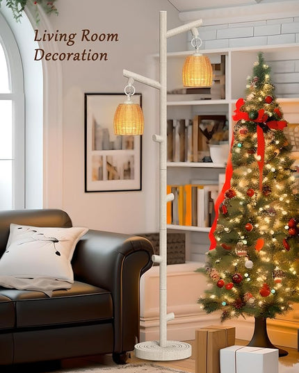 WIHTU 2 Light Tall Floor Lamps for Living Room Bright Lighting, Vintage Standing Lamp for Bedroom, White LED Pole Lamp floor with Wood Bamboo Woven Shades, Tree Corner Light for Home Decor - LeafyLoom