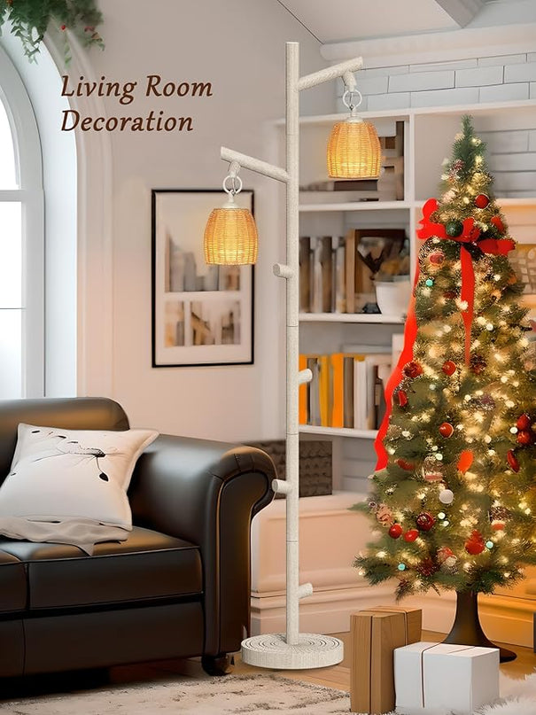 WIHTU 2 Light Tall Floor Lamps for Living Room Bright Lighting, Vintage Standing Lamp for Bedroom, White LED Pole Lamp floor with Wood Bamboo Woven Shades, Tree Corner Light for Home Decor - LeafyLoom