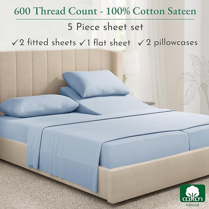 California Design Den Split King Sheet Set - 100% Cotton, 600 Thread Count, Breathable Luxury King Size Sheets for Adjustable Bed, Luxury Hotel-Quality Sheets with Soft Sateen Weave - Blue - LeafyLoom