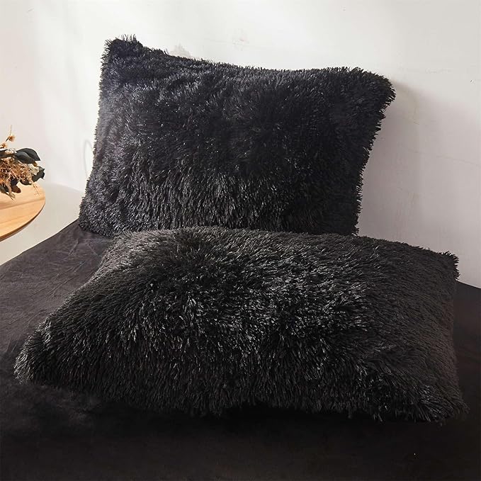 Fluffy black comforters Cover twin size - Ultra Soft Plush black bedding Sets 2 Pieces (1 faux fur comforter Cover + 1 fuzzy pillow case) girls shaggy black twin bed set (Black, Twin) - LeafyLoom