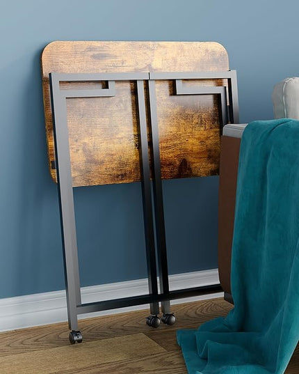4NM 23.6" Mobile Small Folding Desk, Adjustable Rolling Compact Laptop Cart Desk, Couch Desk, Bed Desk for Laptop for Small Space Offices - Rustic Brown and Black - LeafyLoom