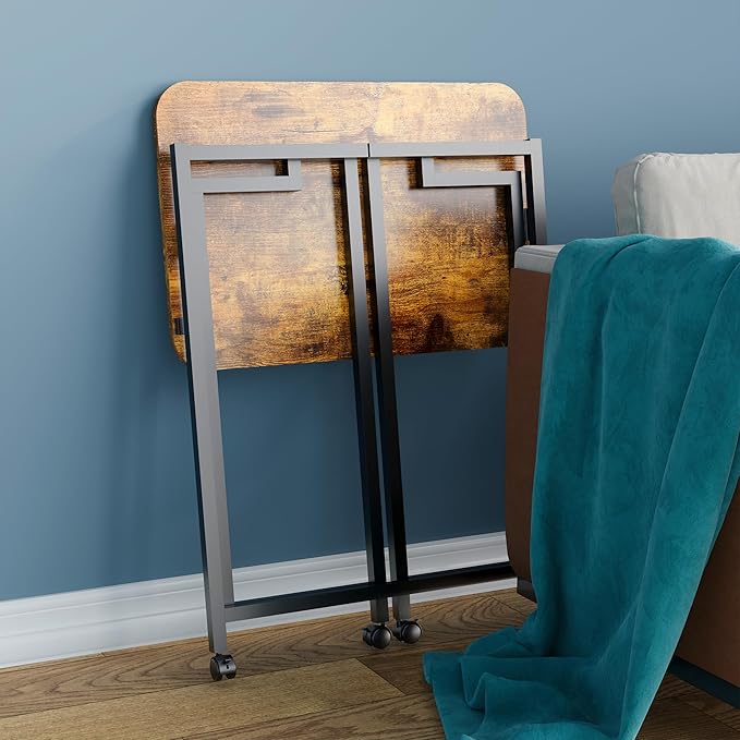 4NM 23.6" Mobile Small Folding Desk, Adjustable Rolling Compact Laptop Cart Desk, Couch Desk, Bed Desk for Laptop for Small Space Offices - Rustic Brown and Black - LeafyLoom
