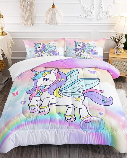 Unicorn Comforter Set for Girls Butterfly Bedding Set Rainbow Quilt Set Twin with 1 Comforter and 2 Pillowcases - LeafyLoom