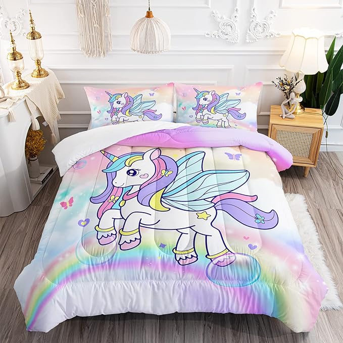 Unicorn Comforter Set for Girls Butterfly Bedding Set Rainbow Quilt Set Twin with 1 Comforter and 2 Pillowcases - LeafyLoom