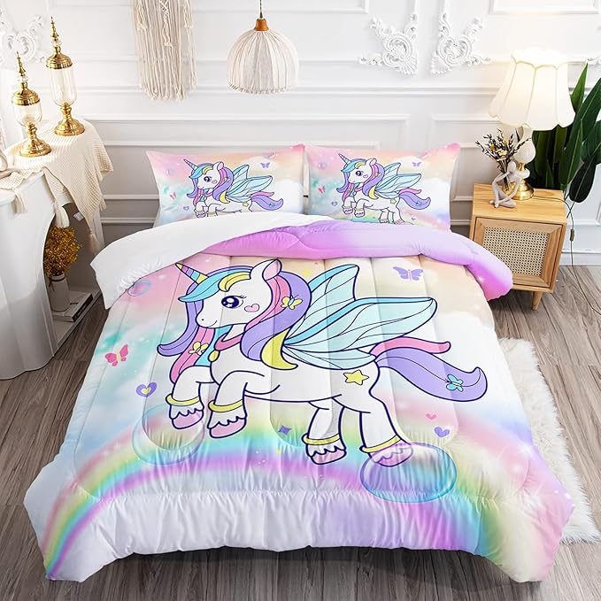 Unicorn Comforter Set for Girls Butterfly Bedding Set Rainbow Quilt Set Twin with 1 Comforter and 2 Pillowcases - LeafyLoom