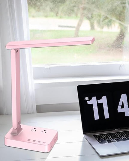 Drevet LED Desk Lamp, Desk Light with 1 USB Charging Port and 2 AC Power Outlet, 3 Lighting Modes, 3 Level Brightness,1H Timer, Touch Control, Eye-Caring Home Office Foldable Table Lamp (Pink) - LeafyLoom