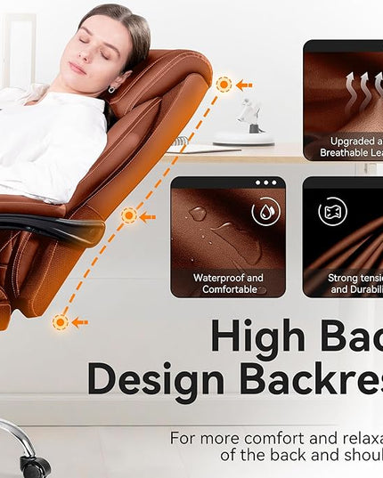 Office Chair, Executive Leather Chair Adjustable High Back, Ergonomic Computer Desk Chair Lumbar Support, Big and Tall Office Chair with Footrest, Comfy Reclining Chair for Home Office - LeafyLoom