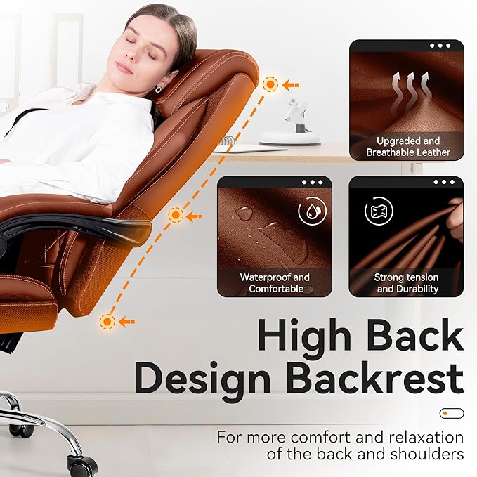 Office Chair, Executive Leather Chair Adjustable High Back, Ergonomic Computer Desk Chair Lumbar Support, Big and Tall Office Chair with Footrest, Comfy Reclining Chair for Home Office - LeafyLoom