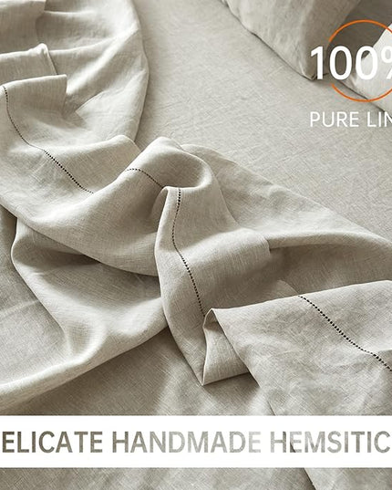 Simple&Opulence 100% Belgian Linen Sheet Set Handmade Hemstitch Linen King Size Bed Sheet-4 Piece (1 Flat Sheet+1 Fitted Sheet+2 Pillowcases)-Natural Flax Farmhouse Bedding - LeafyLoom