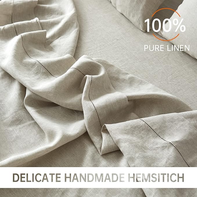 Simple&Opulence 100% Belgian Linen Sheet Set Handmade Hemstitch Linen Twin Size Bed Sheet-3 Piece (1 Flat Sheet+1 Fitted Sheet+1 Pillowcase)-Natural Flax Farmhouse Bedding - LeafyLoom