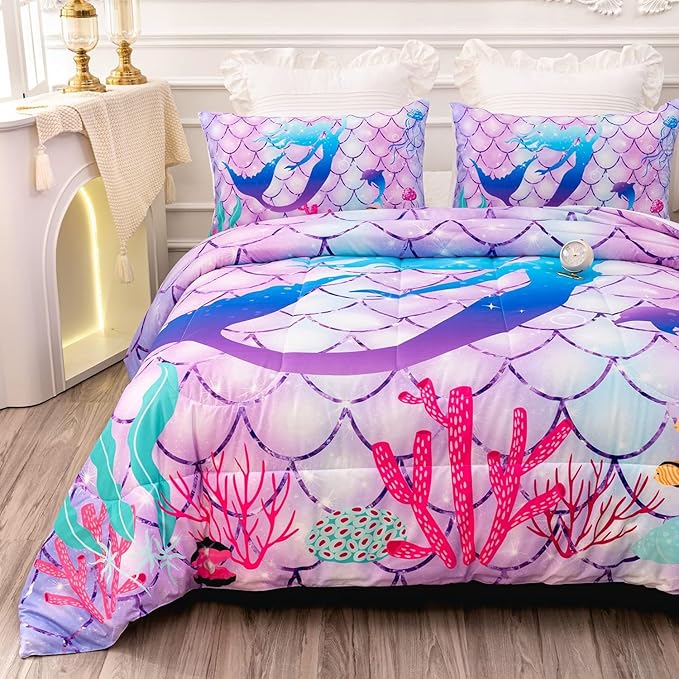 CVHOUSE Mermaid Comforter Sets King for Girls Women,Mermaid Scale Bedding Sets King Set,Mermaid Bedspread,Mermaid Duvet,Mermaid Bed Set,Mermaid Quilt Set 3 Pcs 1 Comforter and 2 Pillowcases - LeafyLoom