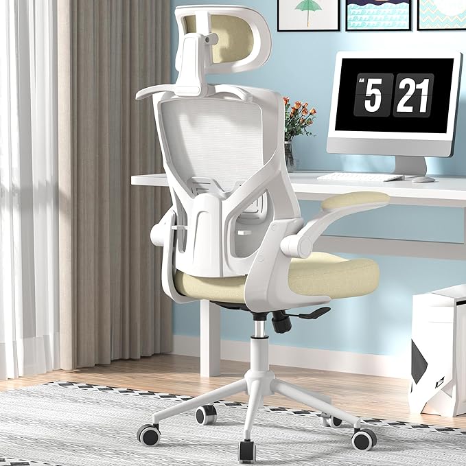 Ergonomic Office Chair, High Back Mesh Desk Chair with Thick Molded Foam Cushion, Coat Hanger, Adjustable Headrest, Lumbar Support, Tilt & Lock Function - Task Computer Chair (Beige) - LeafyLoom