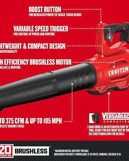 CRAFTSMAN 20V MAX Cordless Leaf Blower, Battery & Charger Included (CMCBL720M1) Red - LeafyLoom