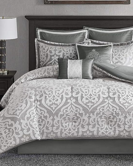 Madison Park Odette Cozy Comforter Set Jacquard Damask Medallion Design - Modern All Season, Down Alternative Bedding, Shams, Decorative Pillows, King(104 in x 92 in), Silver 8 Piece - LeafyLoom