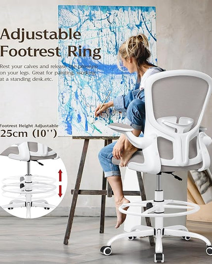 FelixKing Drafting Chair, Tall Office Chairs with Footrest Ring, Home Standing Desk High Chair with Lumbar Support Adjustable Counter Height Ergonomic Swviel Rolling Chairs for Working (Gray) - LeafyLoom