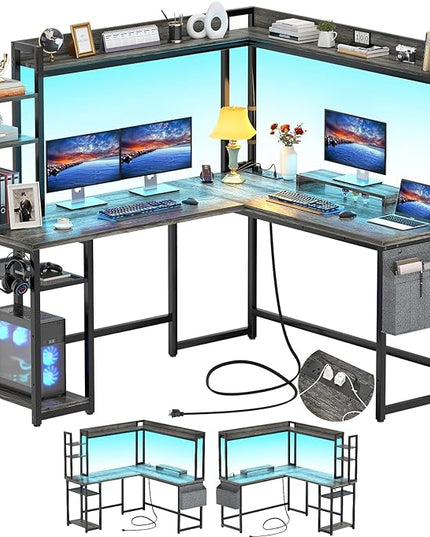 Aheaplus L Shaped Desk with Power Outlet, L Shaped Gaming Desk with Led Light & Hutch, Reversible Home Office Desk, Corner Computer Desk Writing Desk with Monitor Stand & Storage Shelves, Grey Oak - LeafyLoom