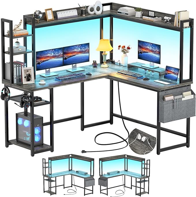 Aheaplus L Shaped Desk with Power Outlet, L Shaped Gaming Desk with Led Light & Hutch, Reversible Home Office Desk, Corner Computer Desk Writing Desk with Monitor Stand & Storage Shelves, Grey Oak - LeafyLoom