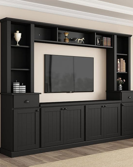 Merax Minimalist Entertainment Wall Unit Set with Bridge Ample Storage Space and Adjustable Shelves, TV Stand for Televisions Up to 75'', Modernist Large Media Console for Living Room, Black - LeafyLoom