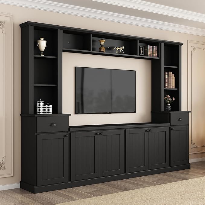 Merax Minimalist Entertainment Wall Unit Set with Bridge Ample Storage Space and Adjustable Shelves, TV Stand for Televisions Up to 75'', Modernist Large Media Console for Living Room, Black - LeafyLoom