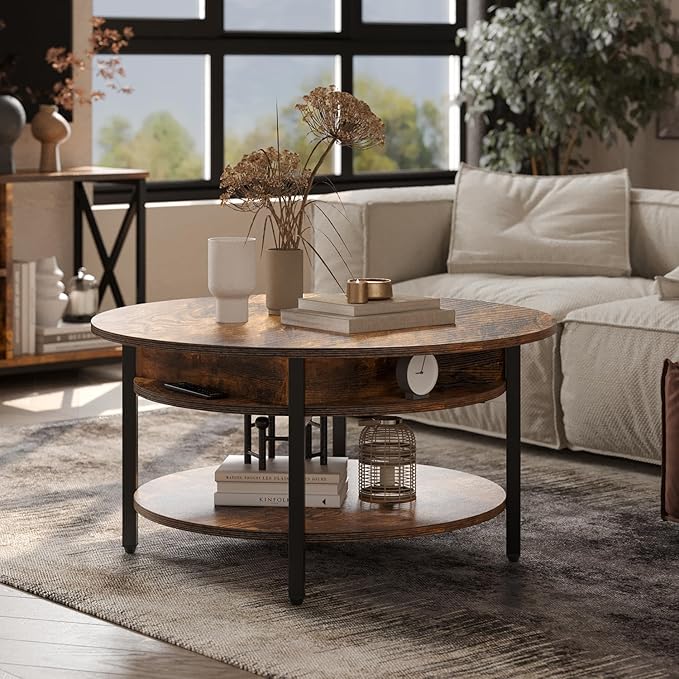 FABATO Round Lift Top Coffee Table with Storage and Hidden Compartment, 26.77'' Farmhouse Coffee Table for Living Room Reception Room, 2 Tier Small Round Coffee Table Circle Dining Table, Rustic Brown - LeafyLoom