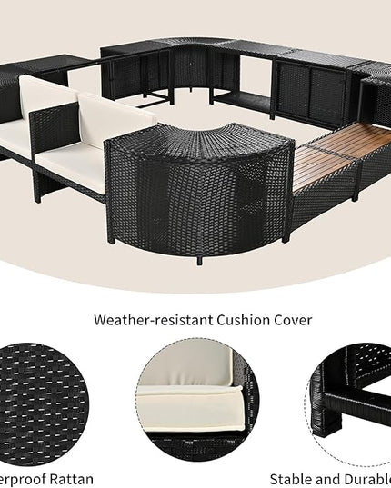 Outdoor Spa Surround Set Patio Furniture with Storage Space, Wood Seatings and Waterproof Cushions, Quadrilateral Rattan Sectional Sofa, for Backyard Deck Poolside, Onesize, Beige - LeafyLoom