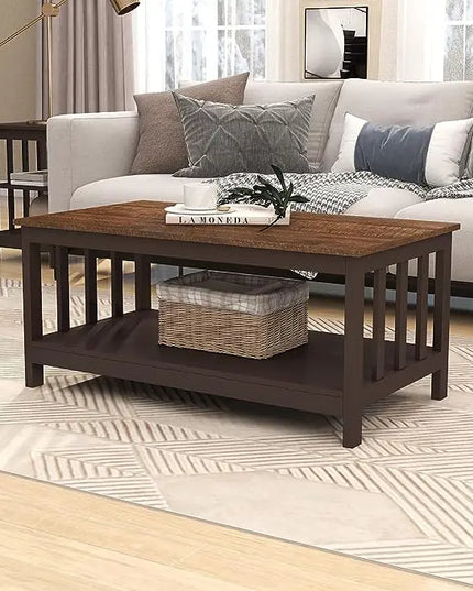 ChooChoo Farmhouse Coffee Table, Espresso Living Room Table with Shelf, 40 Inch - LeafyLoom
