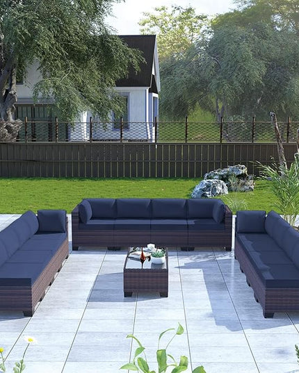 Kullavik 14PCS Outdoor Patio Furniture Set PE Wicker Rattan Sectional Sofa Patio Conversation Sets,Navy blue - LeafyLoom