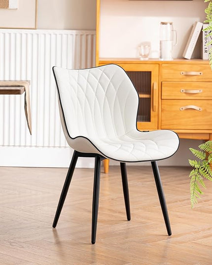 YOUNIKE Dining Chairs Set of 2, Upholstered Faux Leather Dining Room Chairs, Modern Living Room Bedroom Side Chairs with Wide Curved Back and Adjustable Metal Legs, Kitchen Chairs White - LeafyLoom