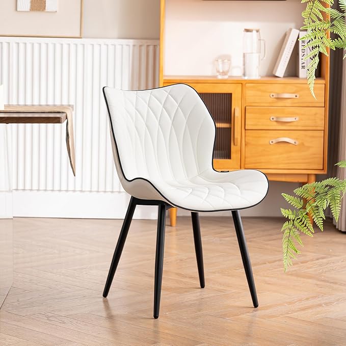 YOUNIKE Dining Chairs Set of 2, Upholstered Faux Leather Dining Room Chairs, Modern Living Room Bedroom Side Chairs with Wide Curved Back and Adjustable Metal Legs, Kitchen Chairs White - LeafyLoom