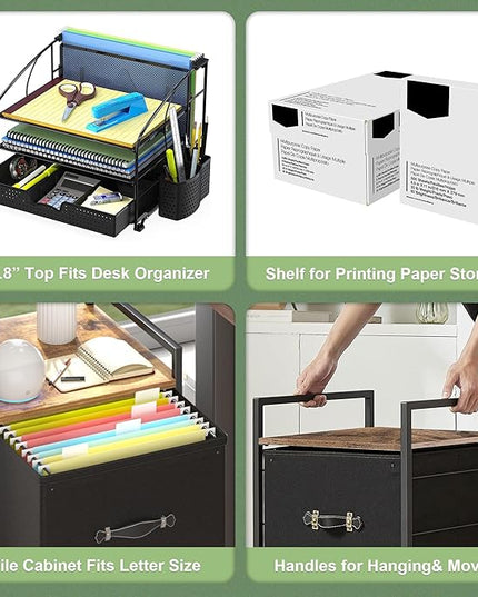VECELO Vertical Filing Cabinet Set of 2, Rolling Printer Shelf with Handle, Suitable for Letter Size, Sturdy Steel Frame and Folding Fabric Drawer for Living Room/Bedroom/Hallway, Brown+Black - LeafyLoom
