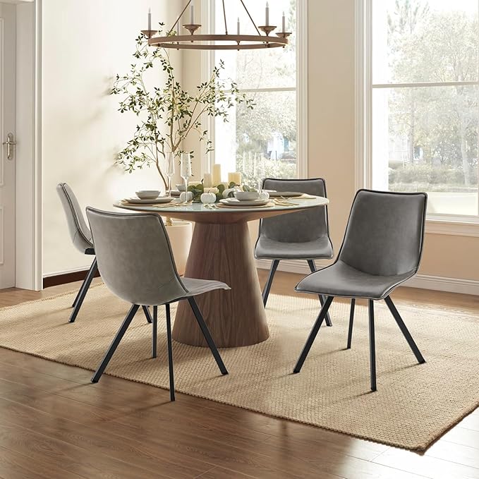 COLAMY PU Leather Dining Chairs Set of 4, High Back Modern Upholstered Dining Room Kitchen Side Chair with Metal Legs for Home/Living Room/Bedroom/Office, Grey - LeafyLoom