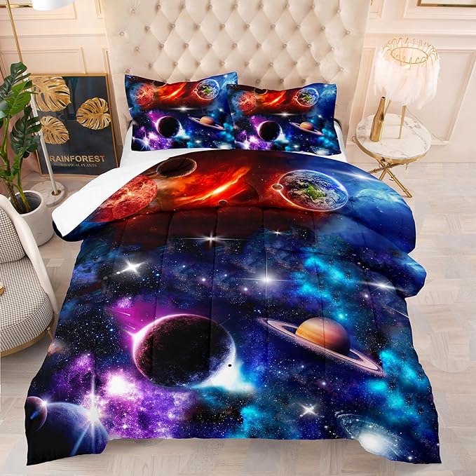 NINENINE Space Bedding Set Full Size for Girls Boys Kids,Purple Galaxy Comforter Set Outer Space Earth Planets Stars Theme Solar Galaxy Bedding System Bed Set with 1 Space Comforter 2 Pillowcases… - LeafyLoom