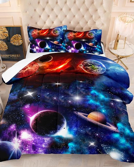 NINENINE Space Bedding Sets Queen Size for Girls Purple Galaxy Comforter Outer Space Earth Planets Stars Theme Solar Galaxy Bedding System Bed Set with 1 Space Comforter 2 Pillowcases - LeafyLoom