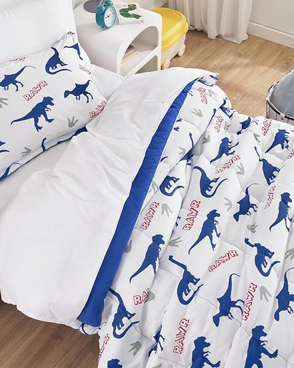 SLEEP ZONE Cartoon Dinosaur Comforter Set, Dark Blue Kids Bedding Set for Boys, Dinosaurs Print Comforter, Sheet, Pillowcase & Sham (Dinosaur Footprints, Twin) - LeafyLoom