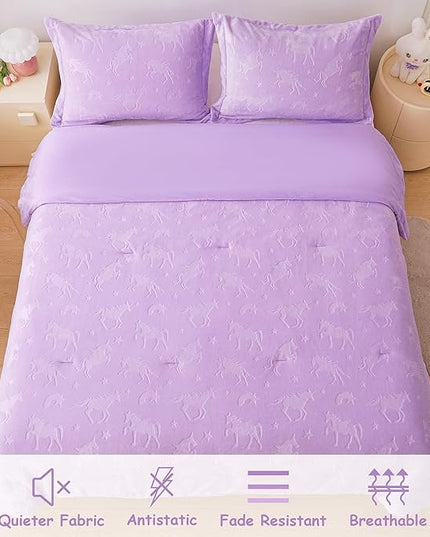 Mooreeke Twin Kids Comforter Bed Set, Embossed Plush Fleece Soft & Warm 2 Piece Bed in A Bag with Shams, Velour Velvet Purple Unicorn Girls Kids Bedding Set, Fluffy Fuzzy Polar Cozy and Stylish - LeafyLoom