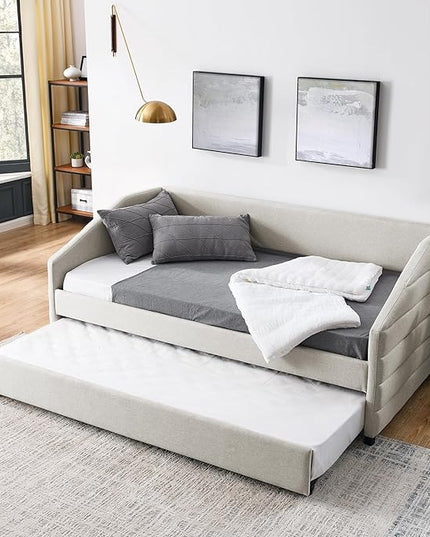 RITSU Twin Size Modern Daybed on Casters, Pull-Out Upholstered Tufted Sofa Bed, Linen Fabric & Plywood Frame, No Box Spring Required, Suitable for Bedrooms, Apartments, 82.50, Beige-3 - LeafyLoom