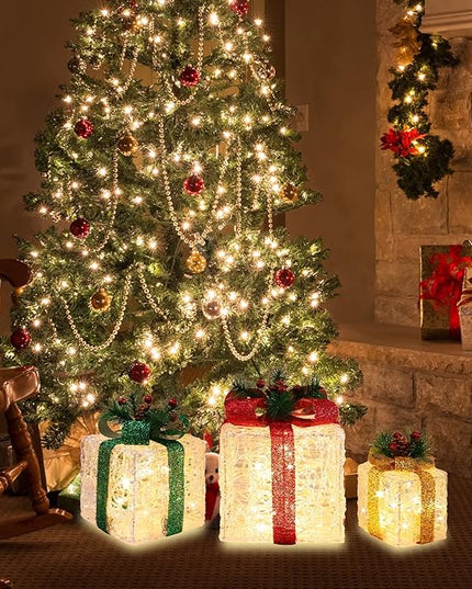 [Large 10"x8.5"x6.5" Christmas Set of 3 Lighted Clear Acrylic Gift Boxes Decorations Pre-lit 70 Super-Bright LED with Flashers,for Indoor Outdoor Pathway Holiday Party Home(Warm White) GLOWNOVA