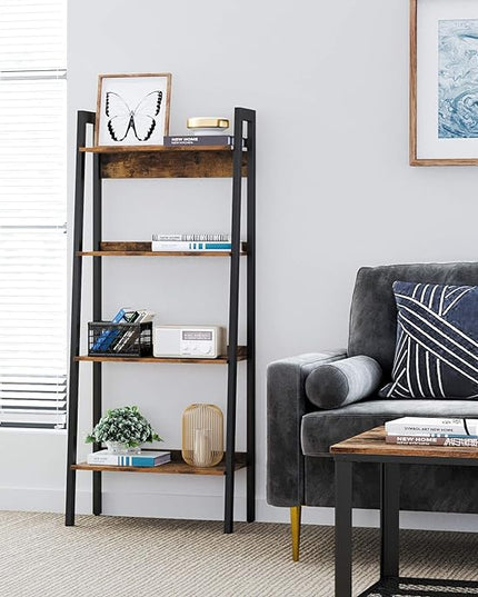 VASAGLE Bookshelf, 4-Tier Bookcase, Ladder Shelf for Home Office, Living Room, Bedroom, Kitchen, Rustic Brown and Ink Black ULLS054X01 - LeafyLoom