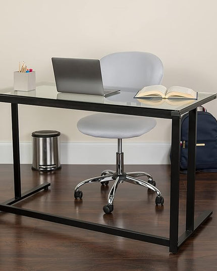 Flash Furniture Singleton Glass Desk with Black Pedestal Metal Frame - LeafyLoom