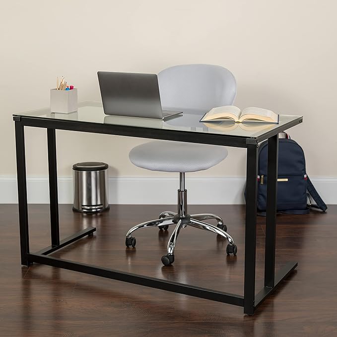 Flash Furniture Singleton Glass Desk with Black Pedestal Metal Frame - LeafyLoom