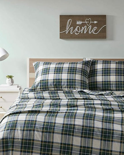 Comfort Spaces Cotton Flannel Breathable Warm Deep Pocket Sheets with Pillow Case Bedding, Full, Scottish Plaid Green, 4 Piece - LeafyLoom