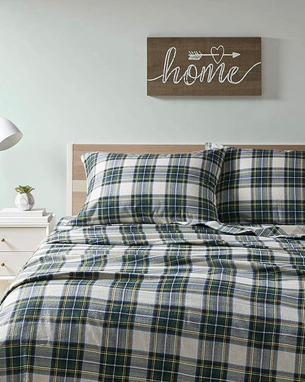 Comfort Spaces Cotton Flannel Breathable Warm Deep Pocket Sheets with Pillow Case Bedding, King, Green Plaid Scottish Plaid 4 Piece - LeafyLoom